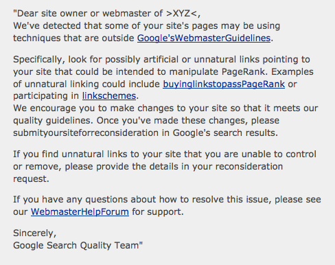Nachricht von Google an einen von einem Penalty betroffenen Webmaster