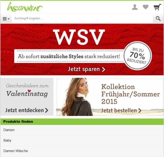 Screenshot der mobilem Version von hessnatur