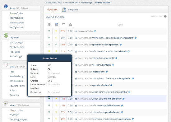 Übersicht meine Inhalte bei onpage.org